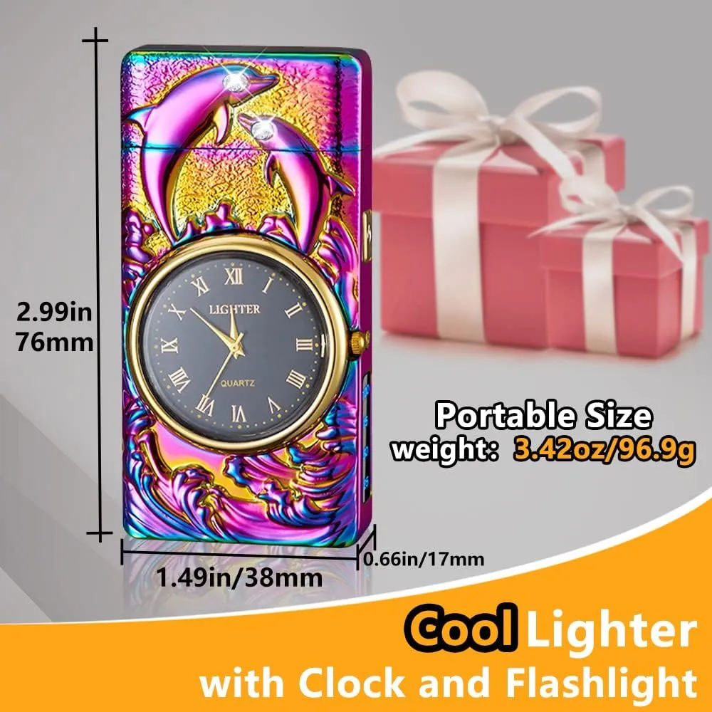 Watch Lighter, Electric Dual Arc Plasma Lighter with Clock, Flashlight and USB Rechargeable Battery for Candles, Incense, Camping, Gift for Women and Men (Dolphin Mutil)