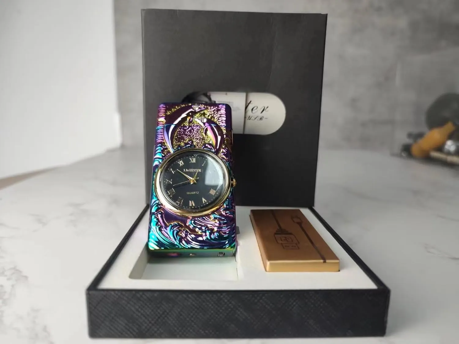 Watch Lighter, Electric Dual Arc Plasma Lighter with Clock, Flashlight and USB Rechargeable Battery for Candles, Incense, Camping, Gift for Women and Men (Dolphin Mutil)