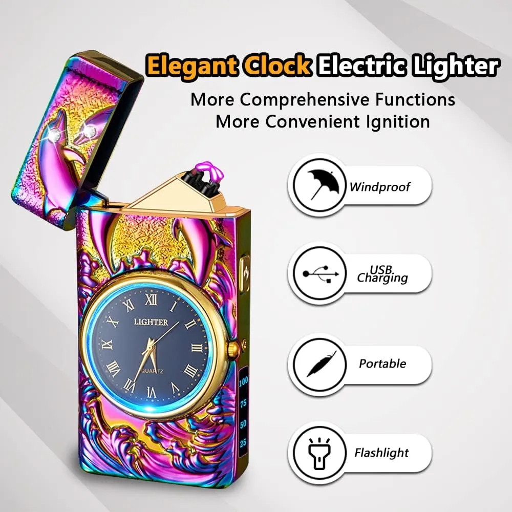 Watch Lighter, Electric Dual Arc Plasma Lighter with Clock, Flashlight and USB Rechargeable Battery for Candles, Incense, Camping, Gift for Women and Men (Dolphin Mutil)