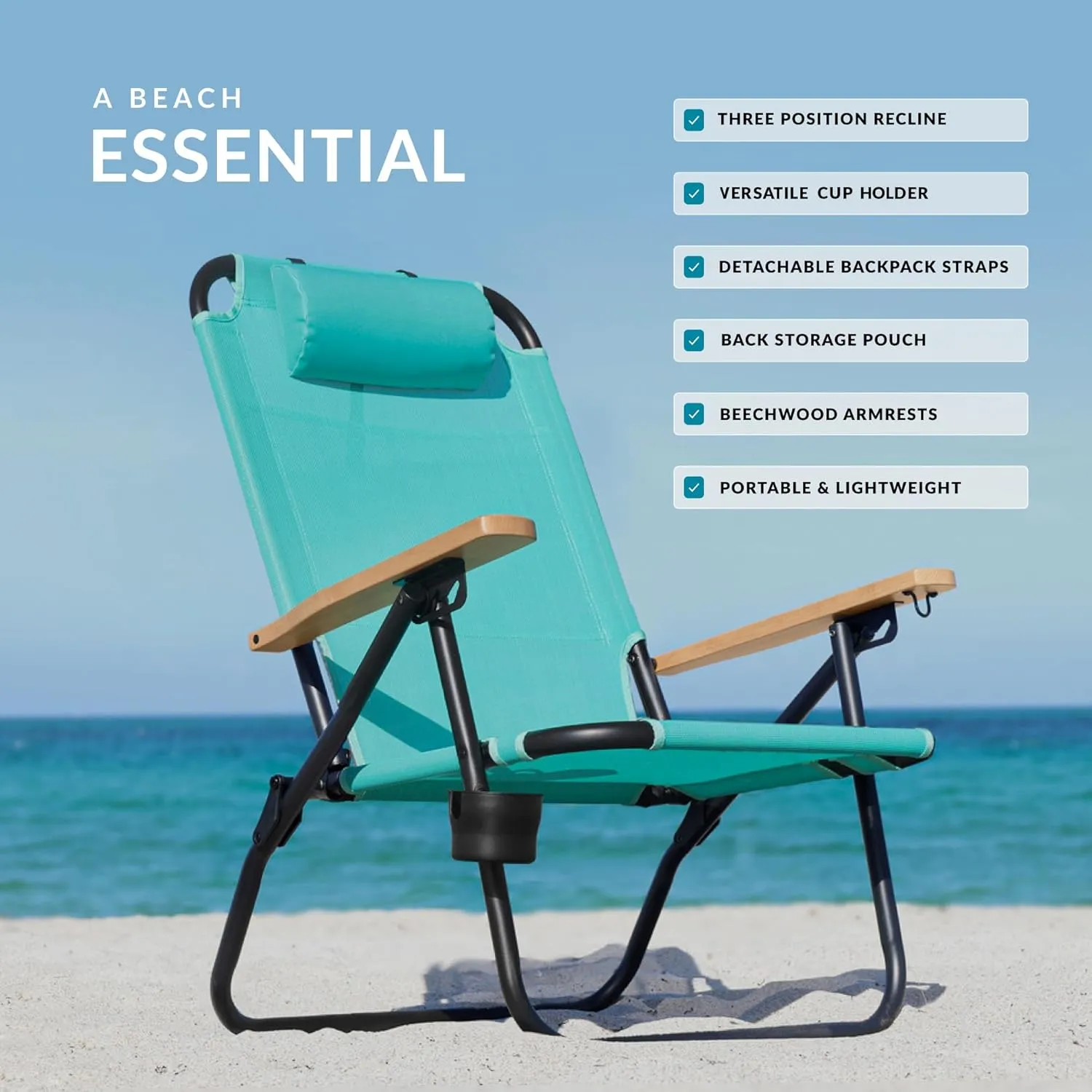 Water Buffalo Bondi Beach Chair – Backpack Beach Chair for Adults with Reclining Positions, Cup Holder & High Back Support