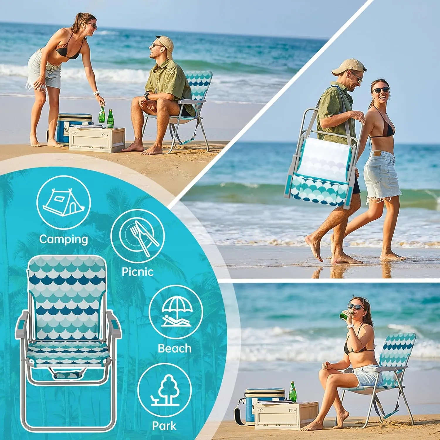 #WEJOY Folding Beach Chair for Adults, Lightweight Beach Chair with Shoulder Straps, High Back Beach Chairs with Hard Armrest, Supports 300lbs for Beach Lawn Concert