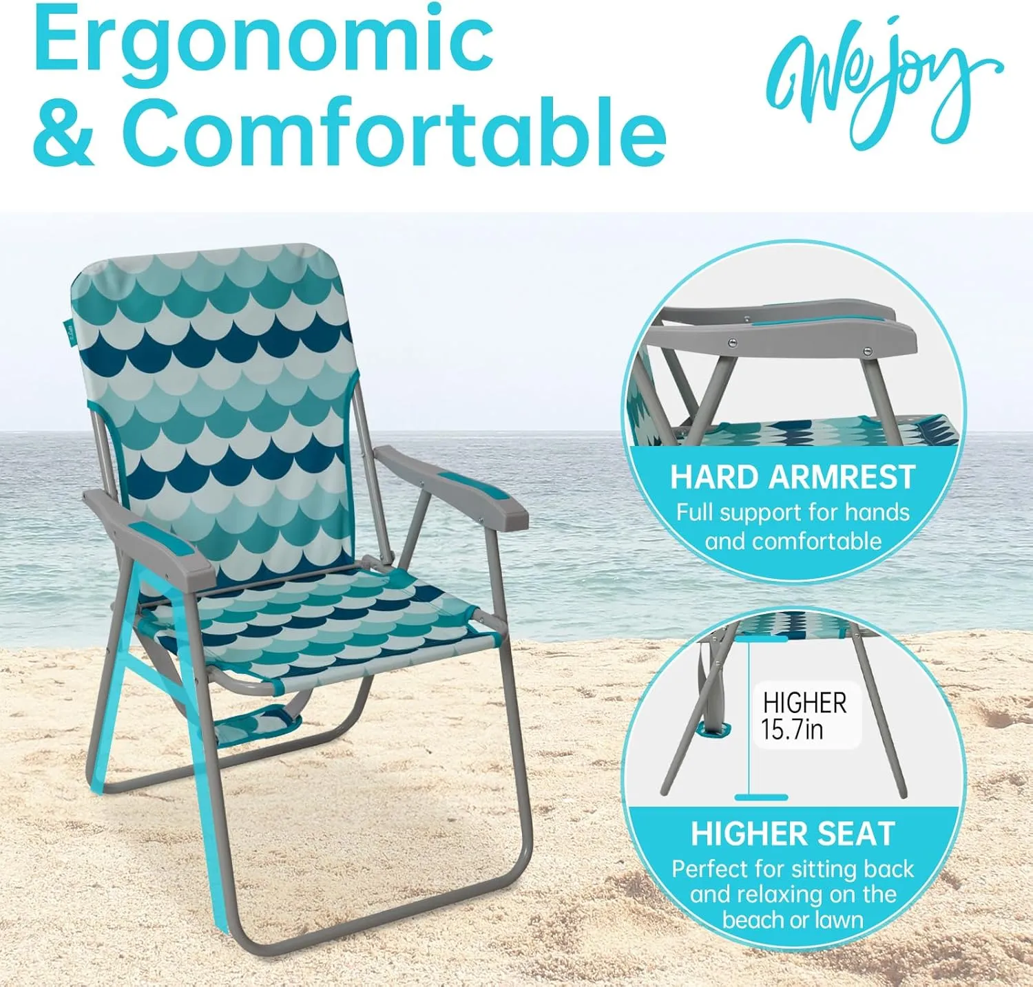 #WEJOY Folding Beach Chair for Adults, Lightweight Beach Chair with Shoulder Straps, High Back Beach Chairs with Hard Armrest, Supports 300lbs for Beach Lawn Concert
