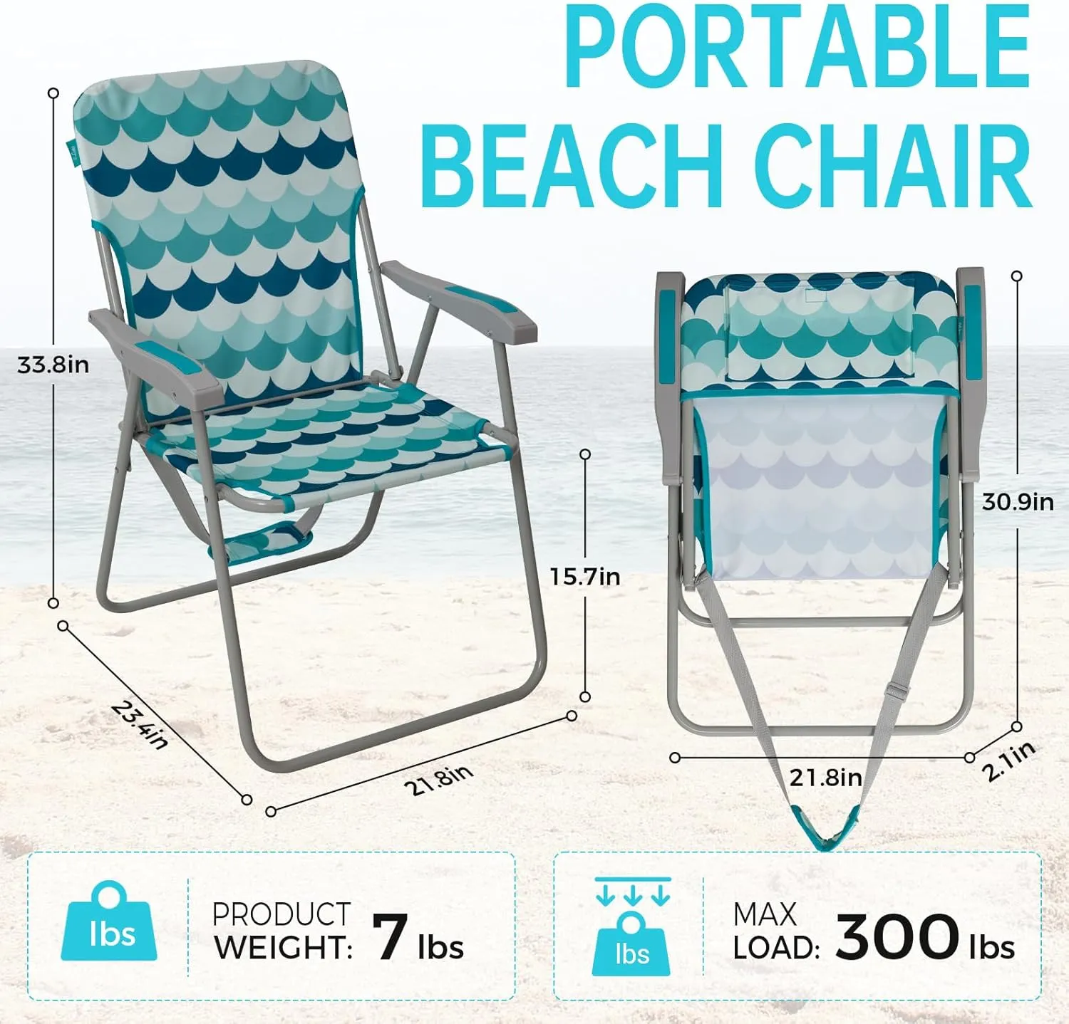 #WEJOY Folding Beach Chair for Adults, Lightweight Beach Chair with Shoulder Straps, High Back Beach Chairs with Hard Armrest, Supports 300lbs for Beach Lawn Concert