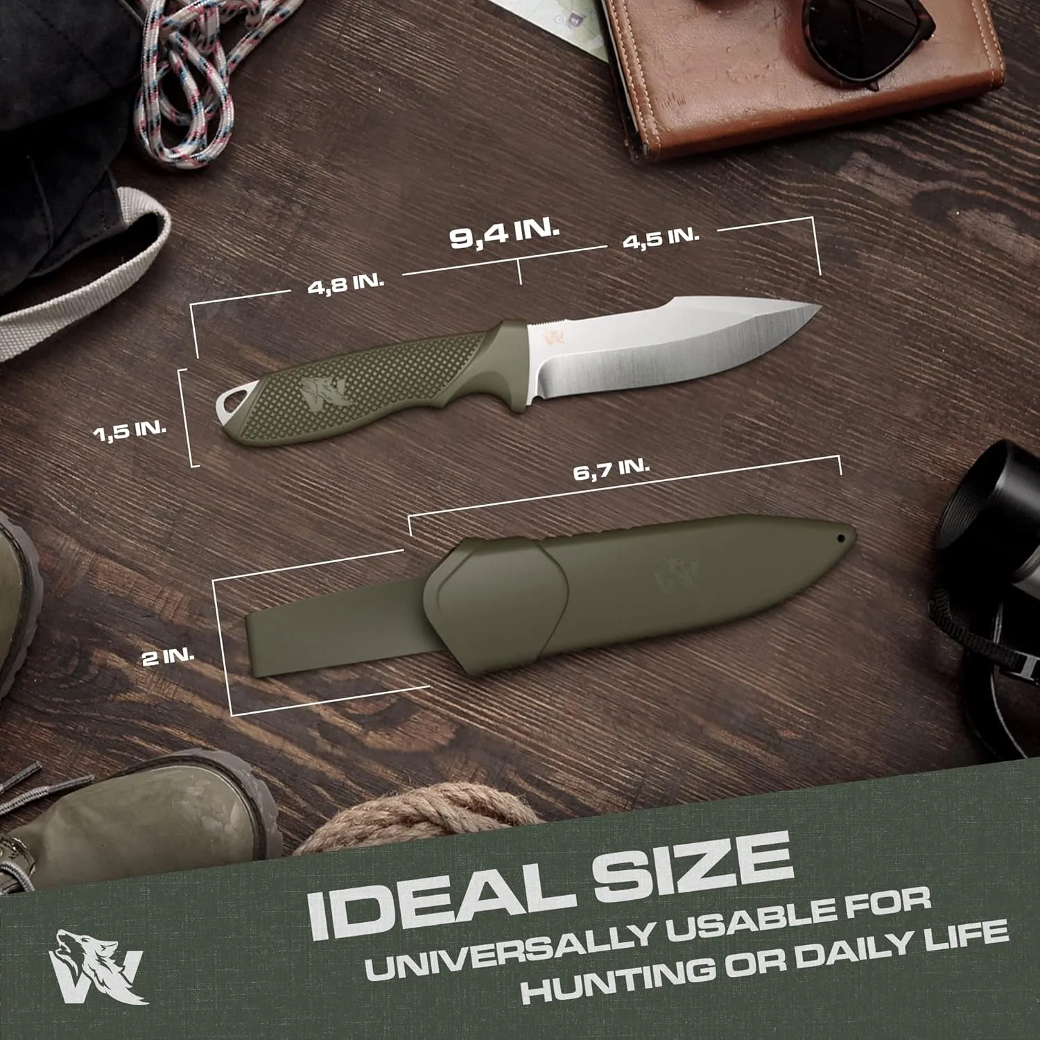 WOLF-I Full Tang Survival Knife with Sheath - Stylish Tactical Fixed Blade - Made of D2 Steel - Bushcraft and Camping Knife Survival - Perfect EDC Outdoor Knife with TPE Handle