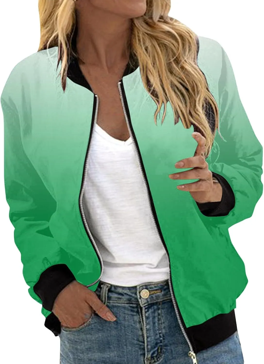 Women Fall Trendy Bomber Jacket Stand Collar Zip Up Windproof Floral Outerwears Long Sleeve Loose Casual Y2K Outwears