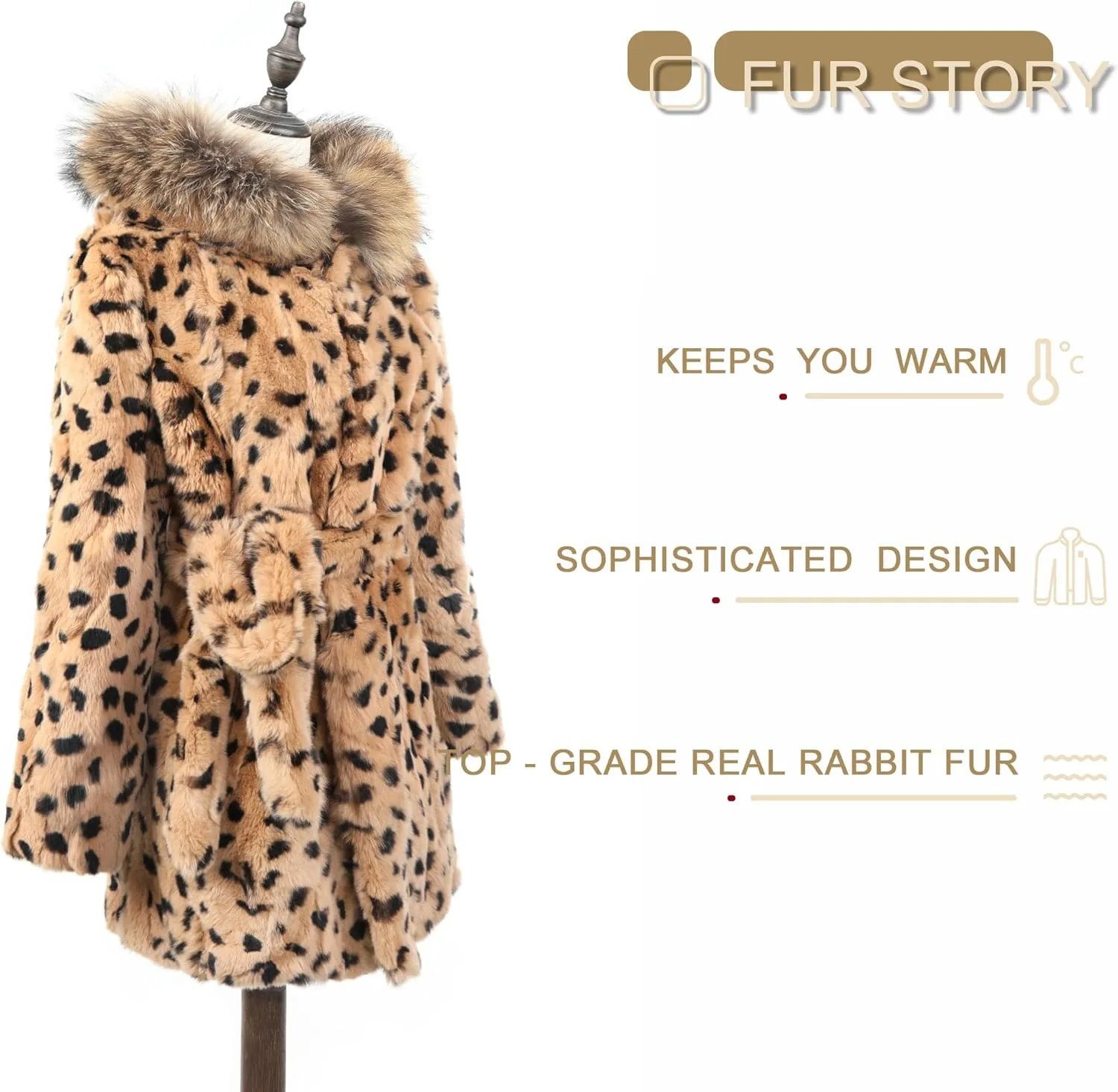Women's Genuine Rabbit Fur Coat with Raccoon Fur Trim Hood Winter Jacket