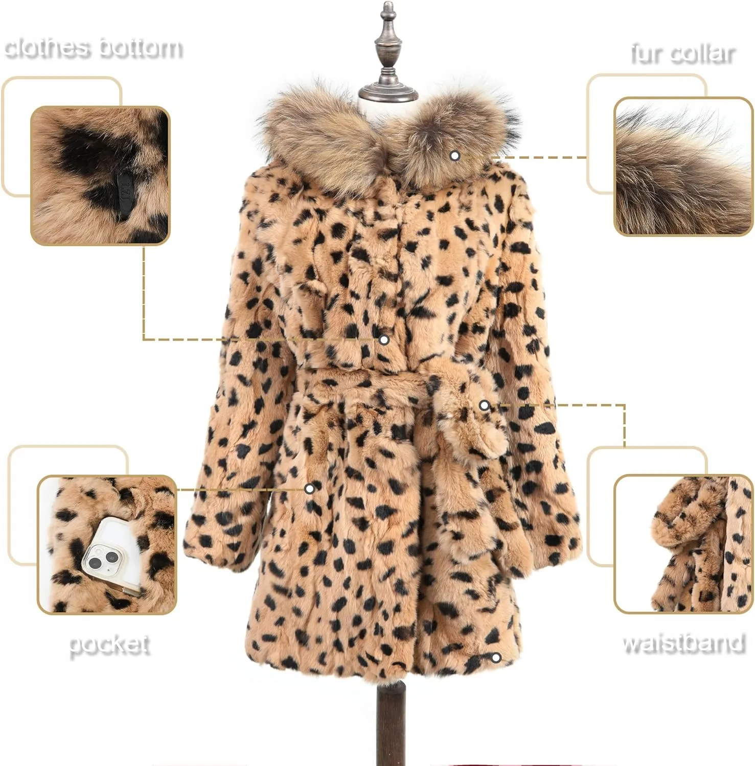 Women's Genuine Rabbit Fur Coat with Raccoon Fur Trim Hood Winter Jacket