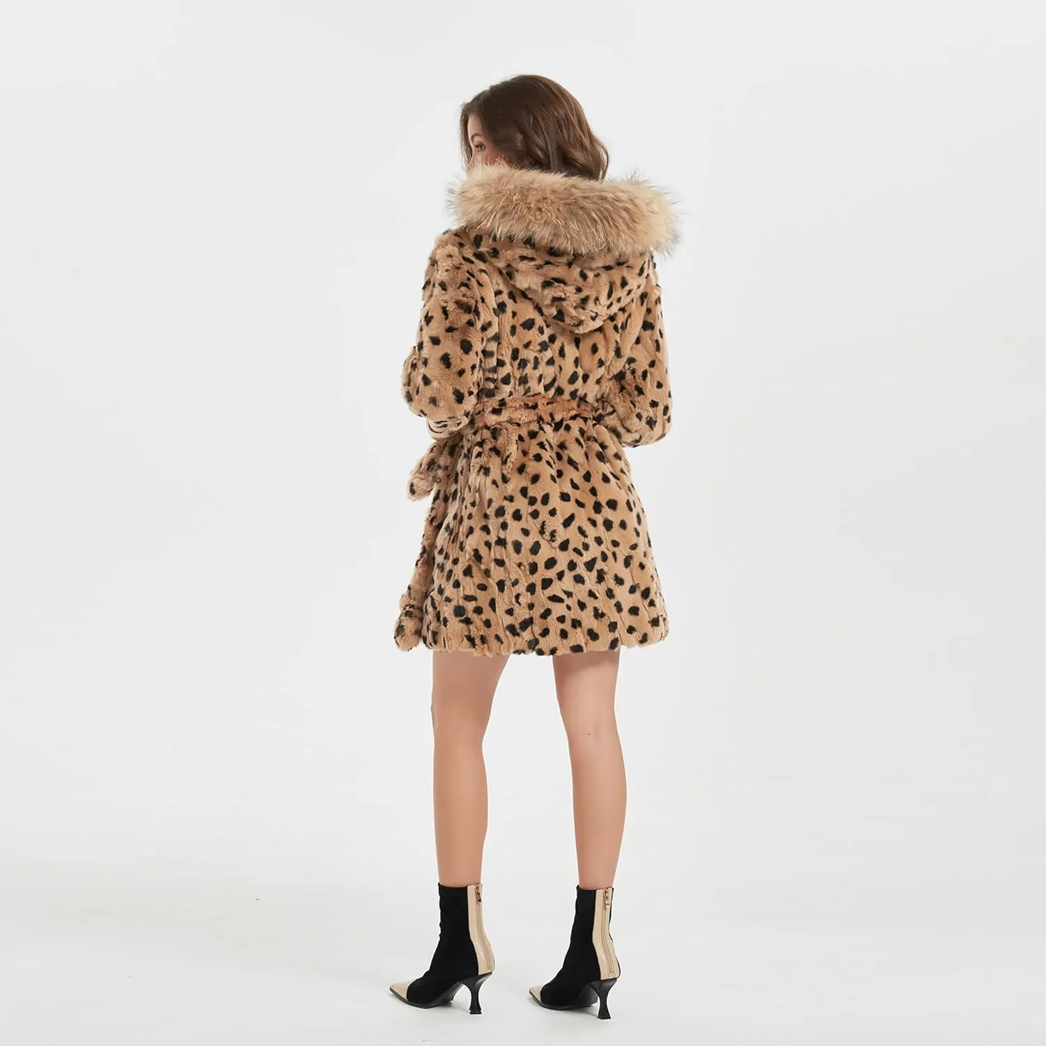Women's Genuine Rabbit Fur Coat with Raccoon Fur Trim Hood Winter Jacket
