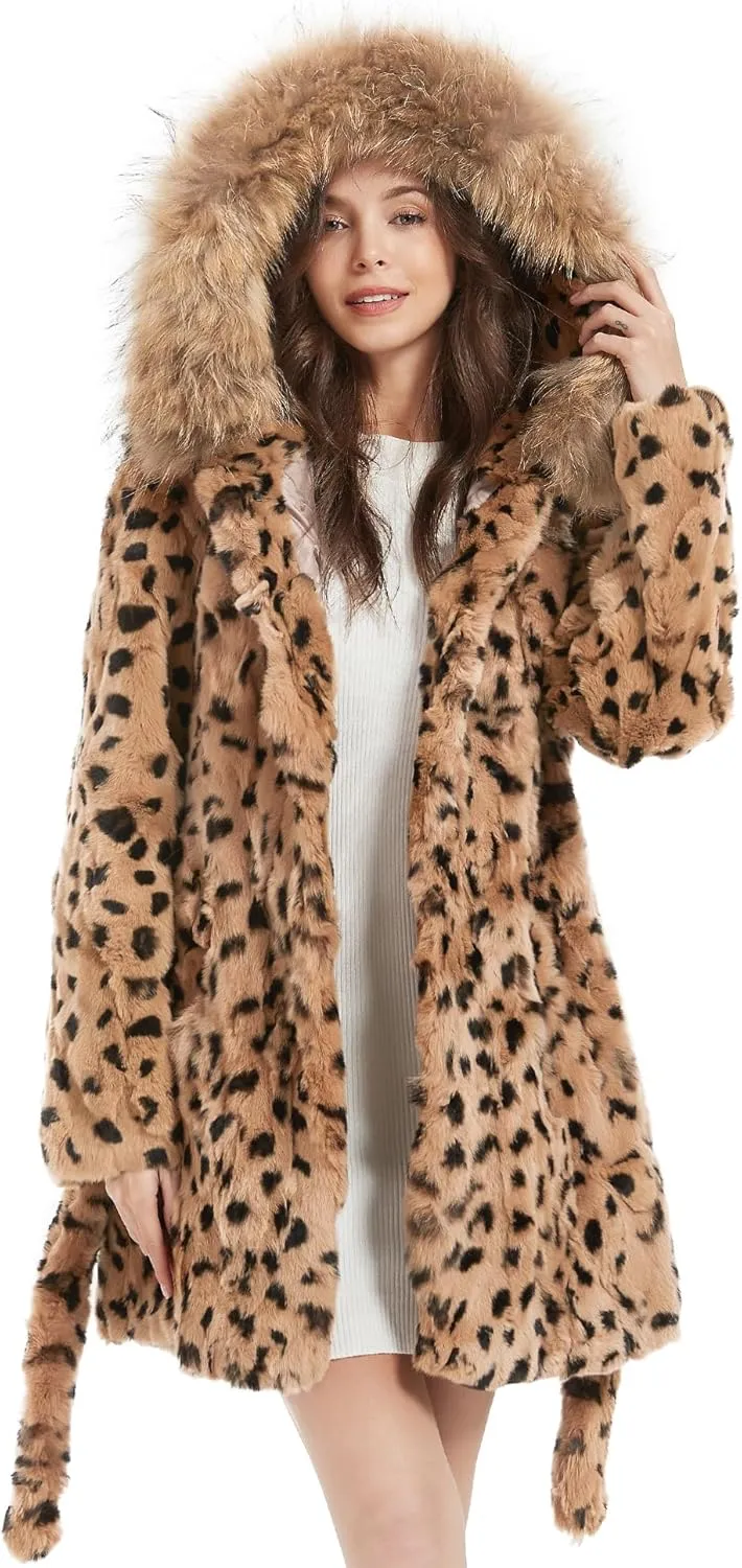 Women's Genuine Rabbit Fur Coat with Raccoon Fur Trim Hood Winter Jacket