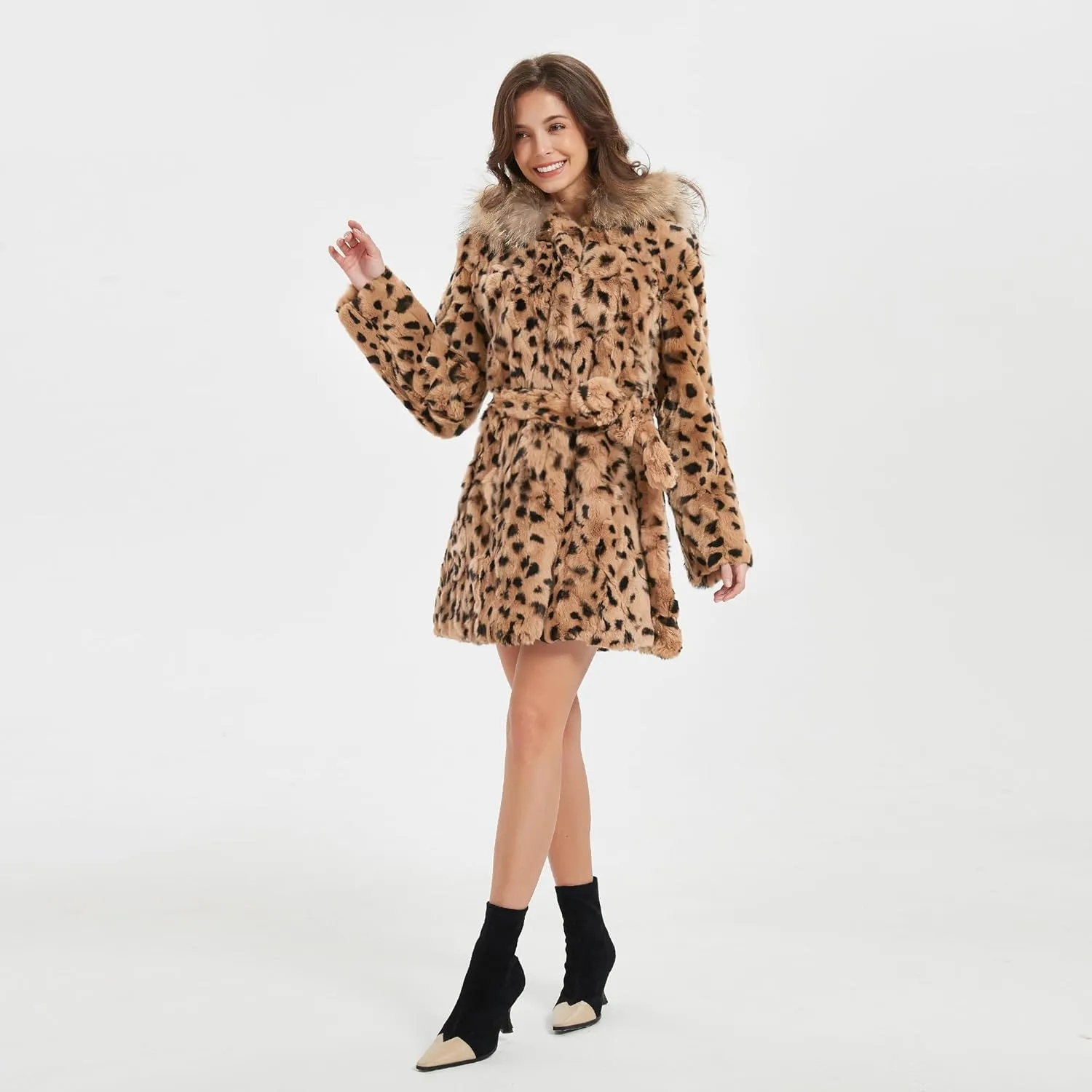 Women's Genuine Rabbit Fur Coat with Raccoon Fur Trim Hood Winter Jacket