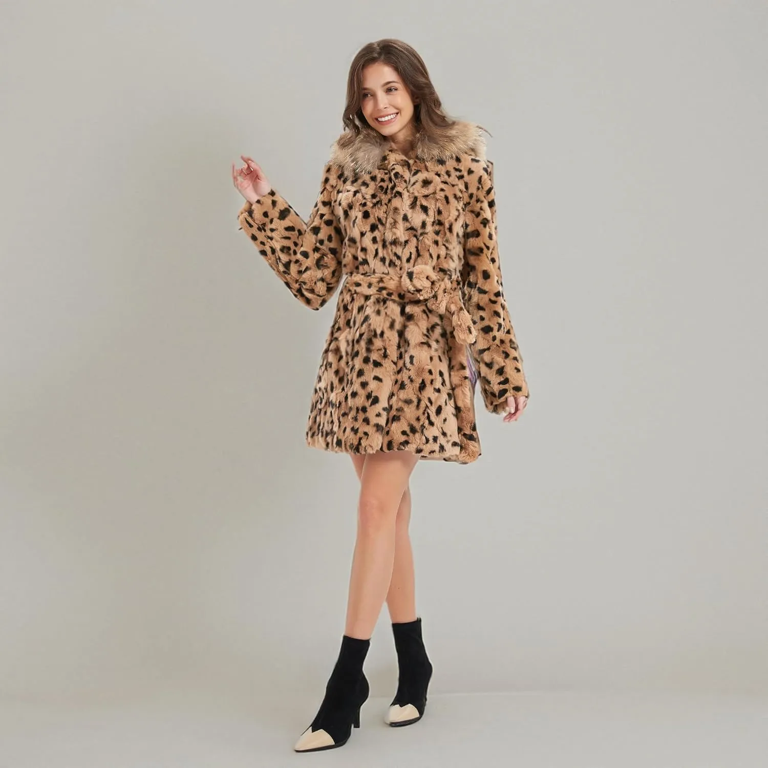 Women's Genuine Rabbit Fur Coat with Raccoon Fur Trim Hood Winter Jacket