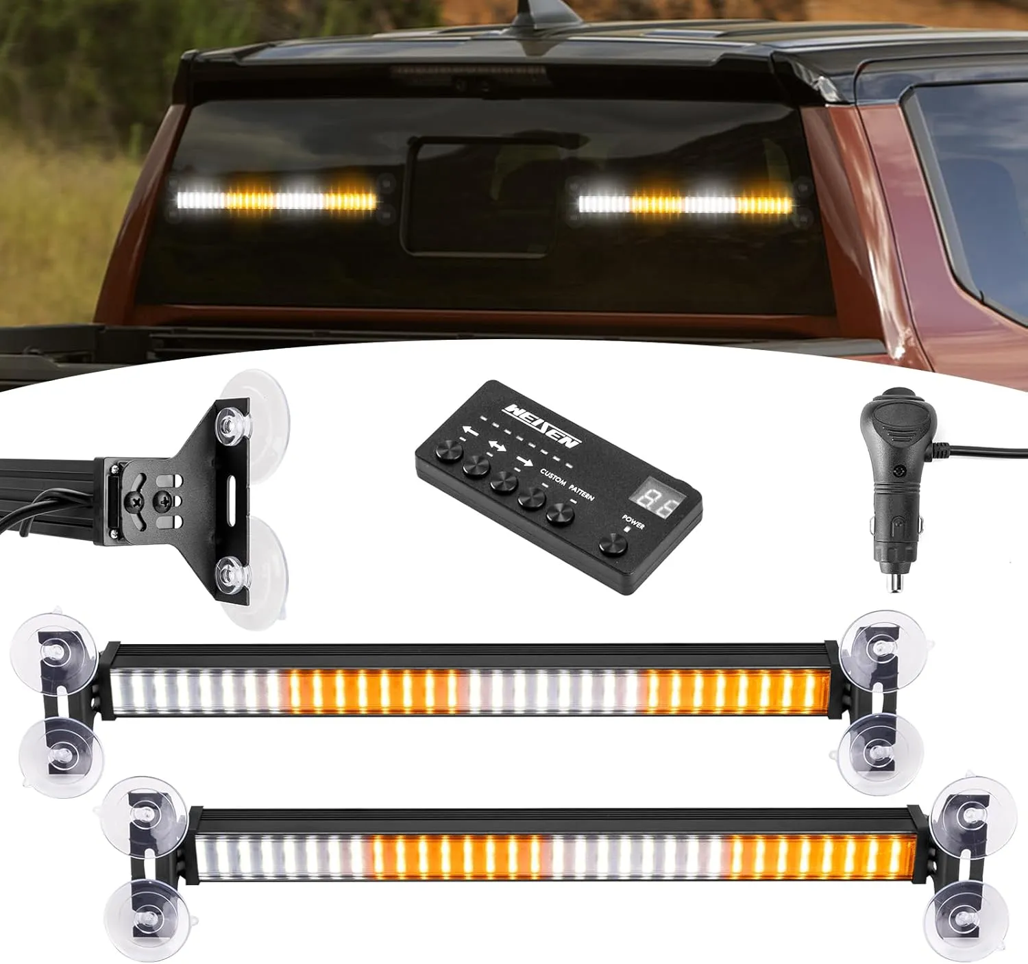 Wsays 2pcs 15.7 Inch Universal Interior Front/Rear Window 144LEDs Amber White Emergency Hazard Warning Strobe Lights Compatible with Trucks Pickup SUV Boat Vehicle