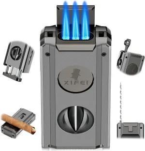 XIFEI 5-in-1 Cigar Lighter with Triple Jet Flame, Refillable Butane Torch Lighters with Cigar Cutter V Cut, Cigar Punch, Cigar Holder, Cigar Draw Enhancer, Cigar Accessories for Men (Gray)