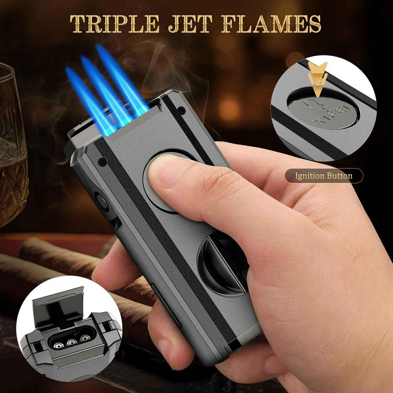 XIFEI 5-in-1 Cigar Lighter with Triple Jet Flame, Refillable Butane Torch Lighters with Cigar Cutter V Cut, Cigar Punch, Cigar Holder, Cigar Draw Enhancer, Cigar Accessories for Men (Gray)