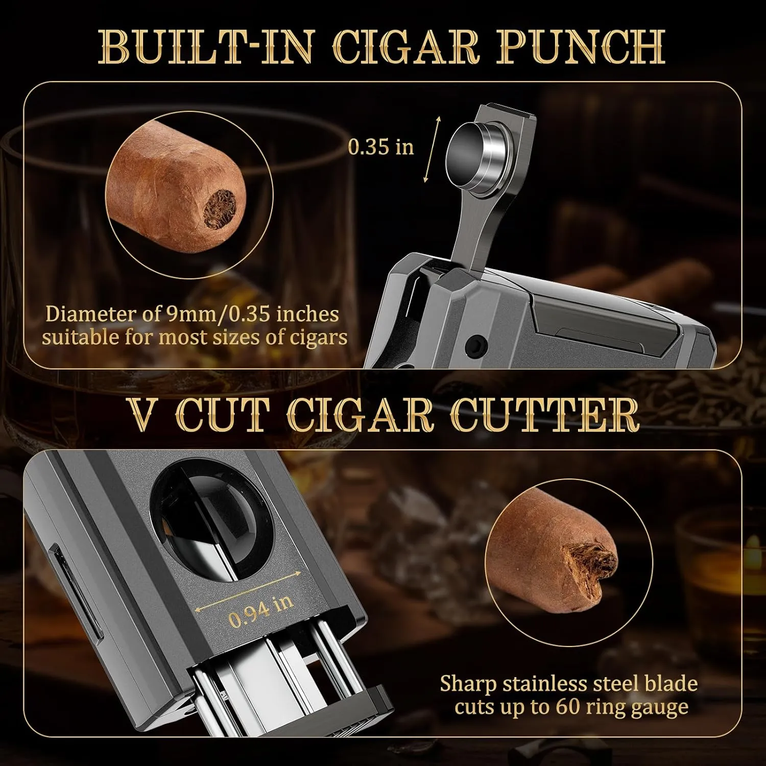 XIFEI 5-in-1 Cigar Lighter with Triple Jet Flame, Refillable Butane Torch Lighters with Cigar Cutter V Cut, Cigar Punch, Cigar Holder, Cigar Draw Enhancer, Cigar Accessories for Men (Gray)