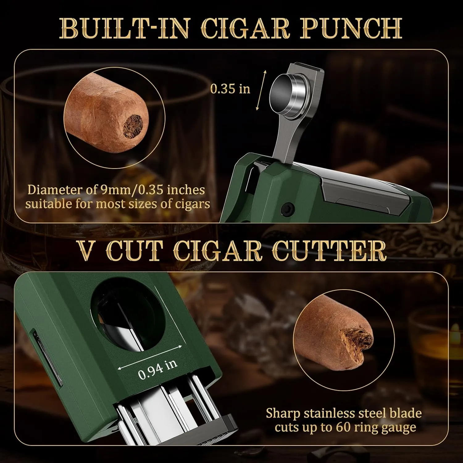 XIFEI Torch Lighter with Triple Jet Flame, Cigar V Cutter, Cigar Punch, Cigar Holder, Cigar Draw Enhancer, Multifunctional Cigar Lighter Gift fo Men, Windproof Refillable Butane Lighters (Green)