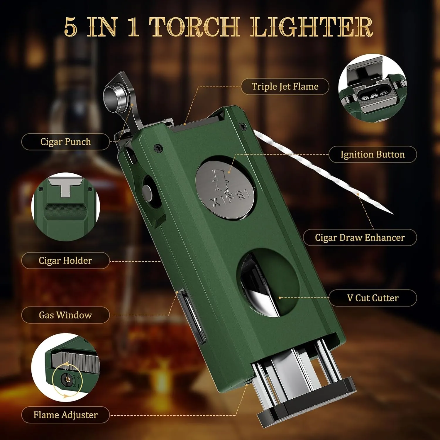 XIFEI Torch Lighter with Triple Jet Flame, Cigar V Cutter, Cigar Punch, Cigar Holder, Cigar Draw Enhancer, Multifunctional Cigar Lighter Gift fo Men, Windproof Refillable Butane Lighters (Green)