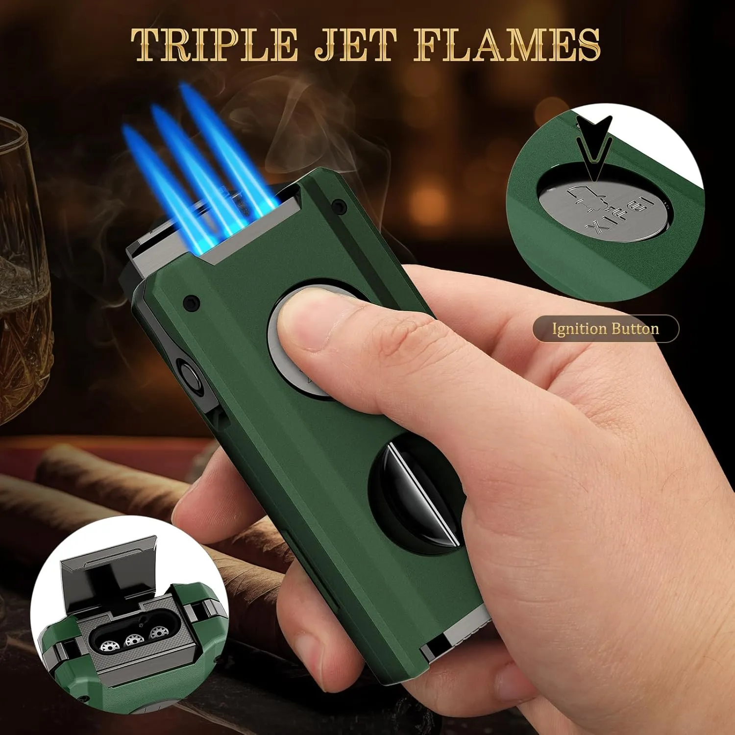 XIFEI Torch Lighter with Triple Jet Flame, Cigar V Cutter, Cigar Punch, Cigar Holder, Cigar Draw Enhancer, Multifunctional Cigar Lighter Gift fo Men, Windproof Refillable Butane Lighters (Green)
