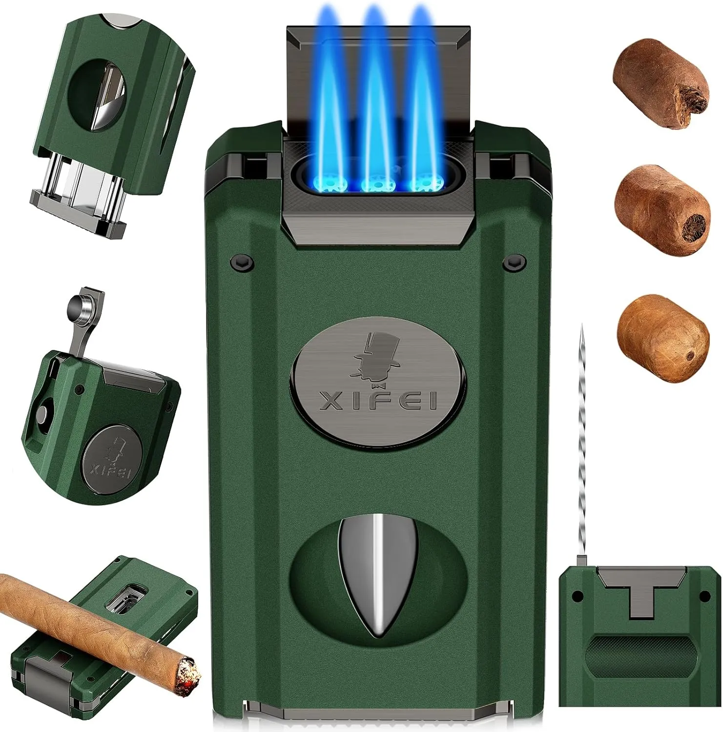 XIFEI Torch Lighter with Triple Jet Flame, Cigar V Cutter, Cigar Punch, Cigar Holder, Cigar Draw Enhancer, Multifunctional Cigar Lighter Gift fo Men, Windproof Refillable Butane Lighters (Green)