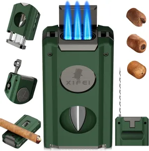 XIFEI Torch Lighter with Triple Jet Flame, Cigar V Cutter, Cigar Punch, Cigar Holder, Cigar Draw Enhancer, Multifunctional Cigar Lighter Gift fo Men, Windproof Refillable Butane Lighters (Green)