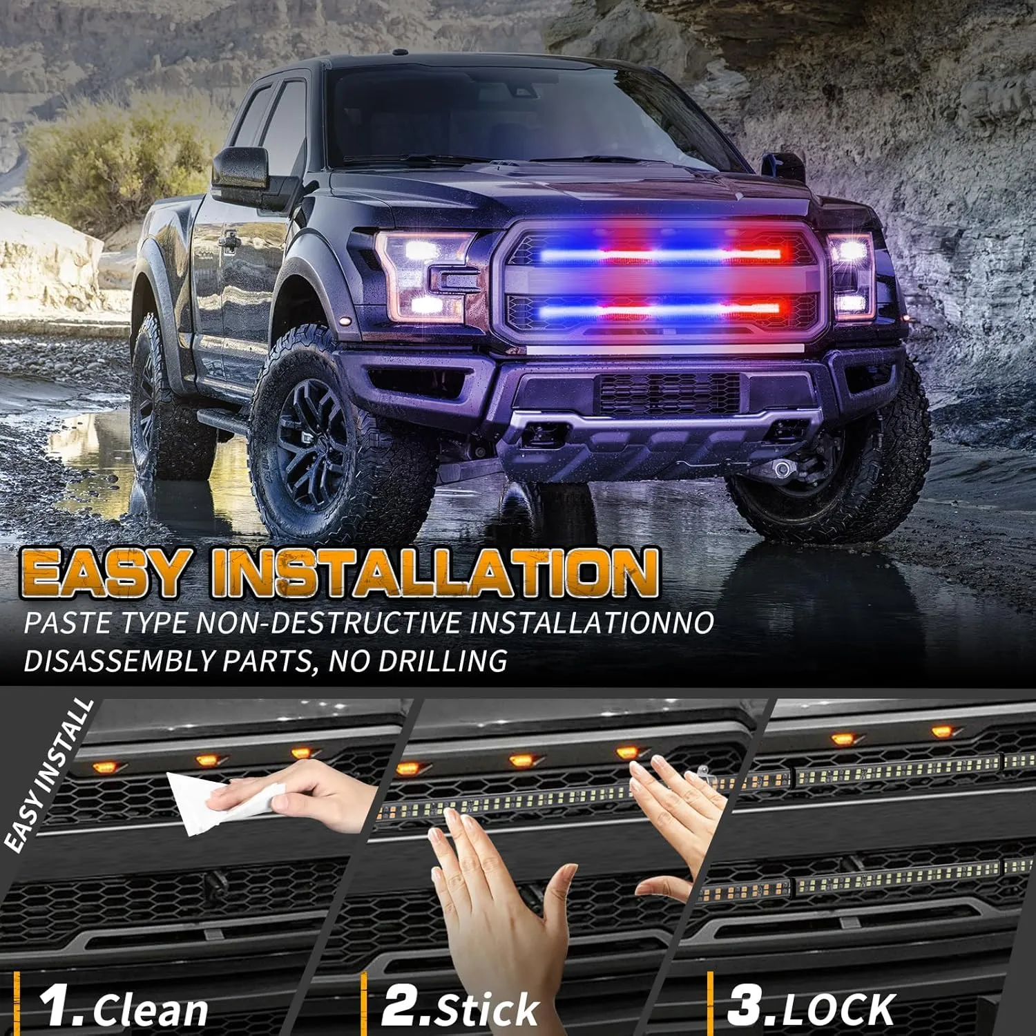 XRIDONSEN 2PCS 24 inch Truck Grill Police Lights Strip 288 LED Red Blue Emergency Strobe Lights Flashing Warning Hazard Caution Safety Grille Lights w/Waterproof Tube for Vehicles Trucks Pickup SUV