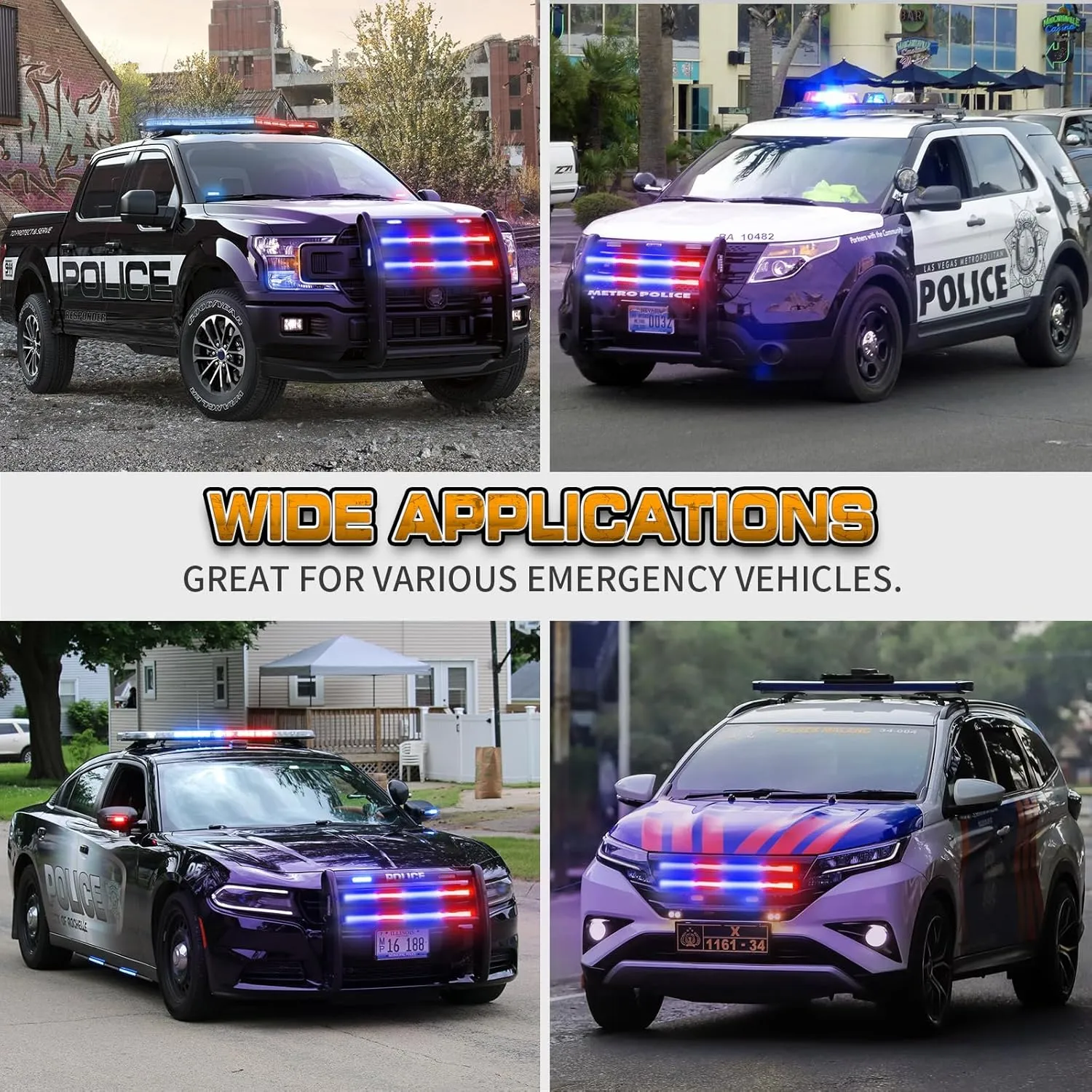 XRIDONSEN 2PCS 24 inch Truck Grill Police Lights Strip 288 LED Red Blue Emergency Strobe Lights Flashing Warning Hazard Caution Safety Grille Lights w/Waterproof Tube for Vehicles Trucks Pickup SUV