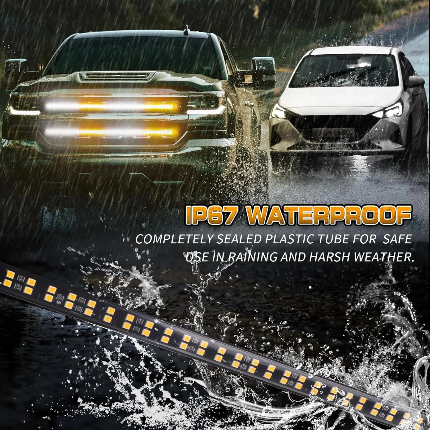 XRIDONSEN 2PCS 24 inch Truck Grill Strobe Lights Strip 288 LED Emergency Tailgate/Rear window/Grille Lights Amber White Flashing Warning Caution Safety Lights for Tow Plow Trucks Construction Vehicles