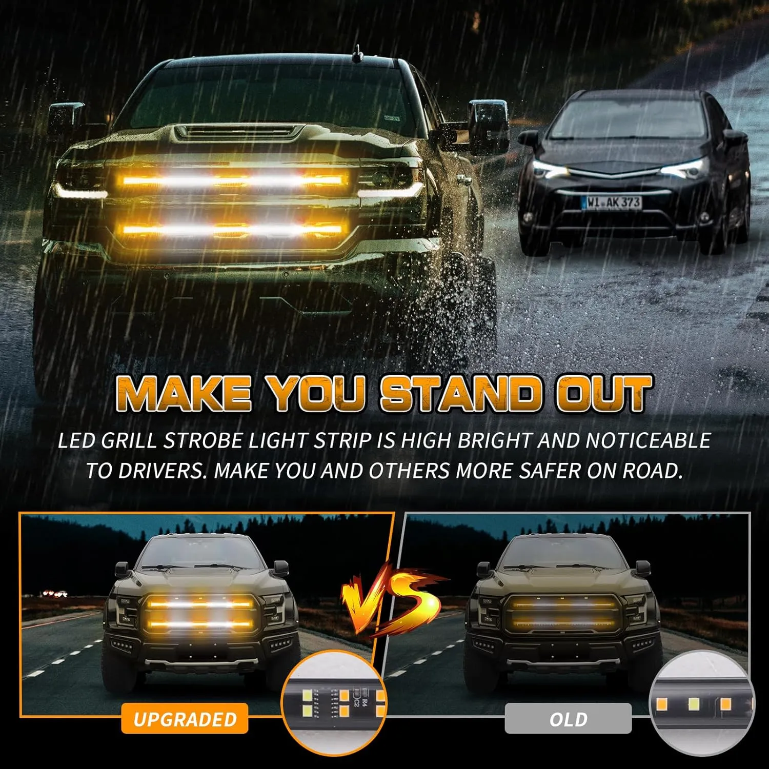 XRIDONSEN 2PCS 30 inch Truck Grill Lights Strip 360 LED Strobe Lights Amber White Grille/Tailgate/Rear window Emergency Flashing Warning Safety Caution Lights for Tow Plow Trucks Construction Vehicles