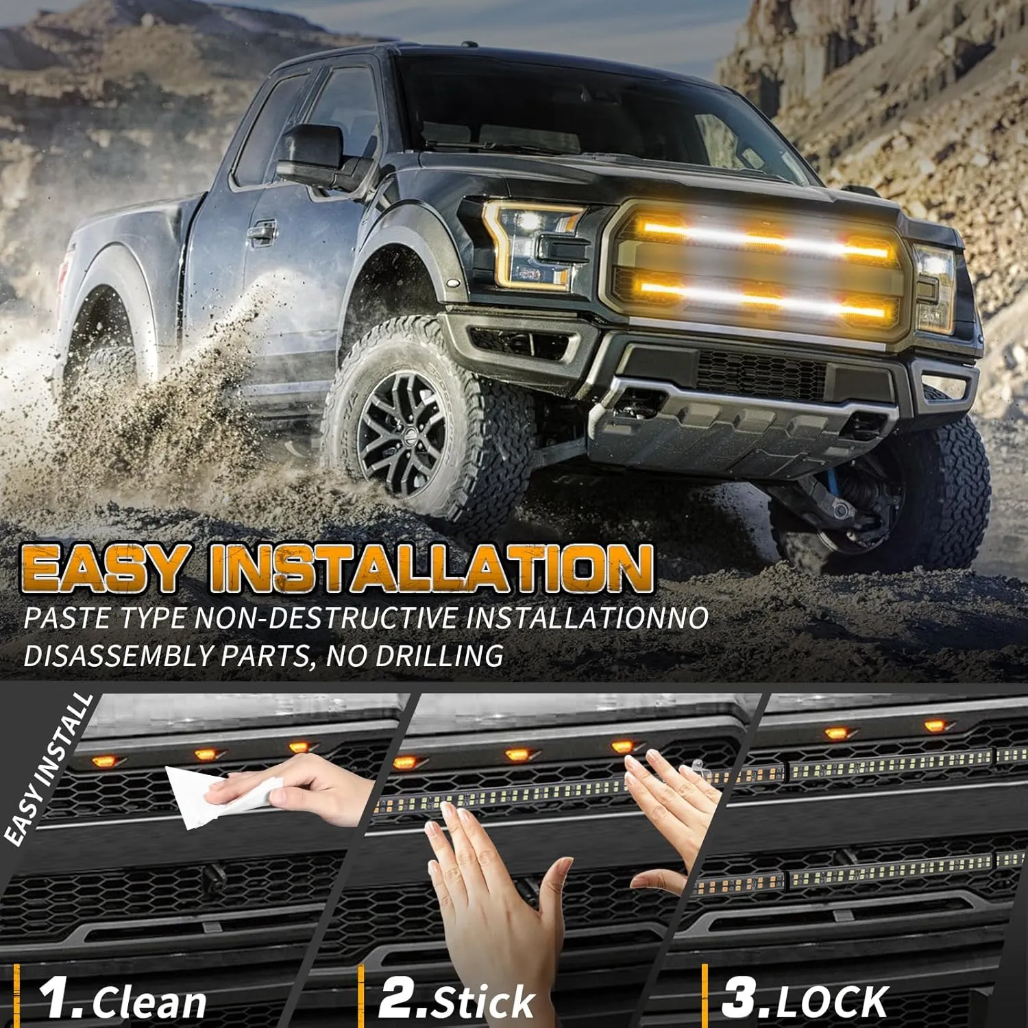 XRIDONSEN 2PCS 30 inch Truck Grill Lights Strip 360 LED Strobe Lights Amber White Grille/Tailgate/Rear window Emergency Flashing Warning Safety Caution Lights for Tow Plow Trucks Construction Vehicles