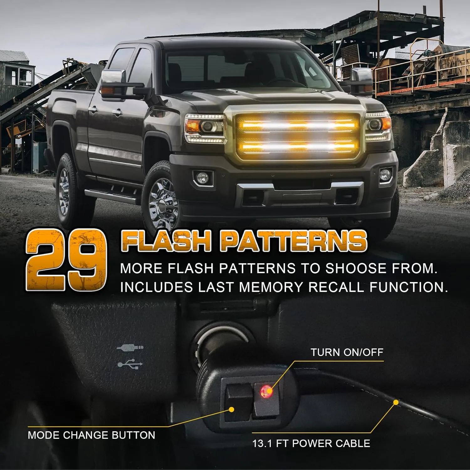 XRIDONSEN 2PCS 30 inch Truck Grill Lights Strip 360 LED Strobe Lights Amber White Grille/Tailgate/Rear window Emergency Flashing Warning Safety Caution Lights for Tow Plow Trucks Construction Vehicles