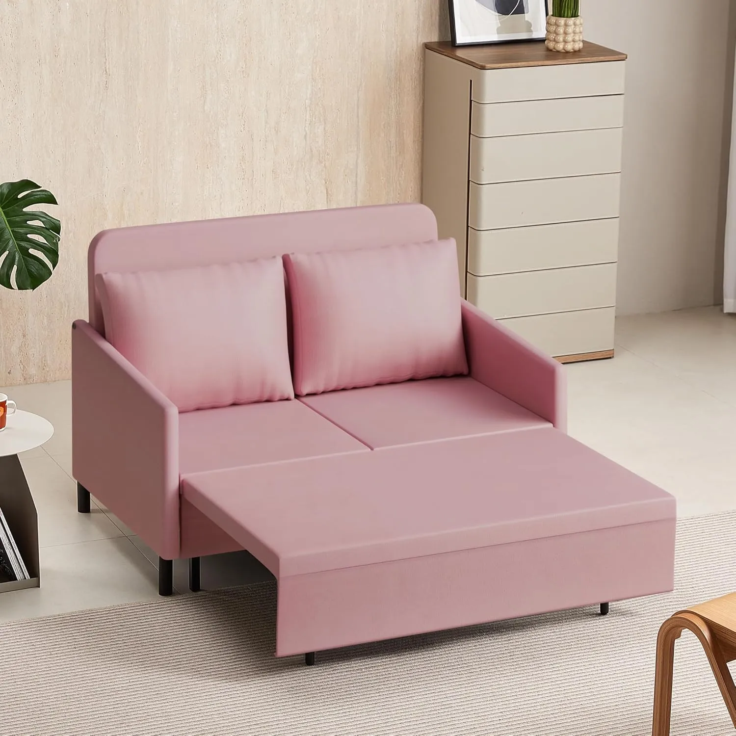XSPRACER 3-in-1 Convertible Sleeper Sofa, Loveseat Sofa Couch with Pullout Bed and Storage for Living Room, Bedroom, Balcony, RV, Flannel, Pink