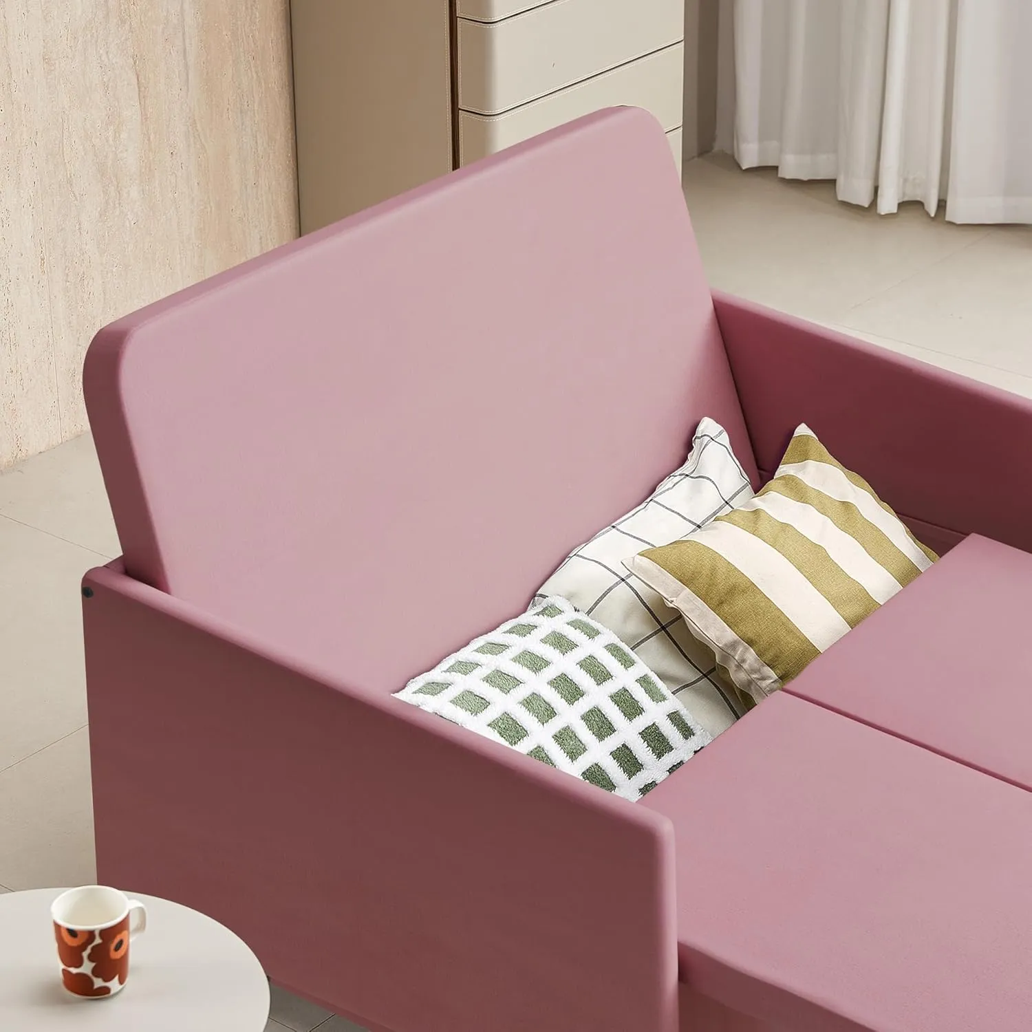 XSPRACER 3-in-1 Convertible Sleeper Sofa, Loveseat Sofa Couch with Pullout Bed and Storage for Living Room, Bedroom, Balcony, RV, Flannel, Pink