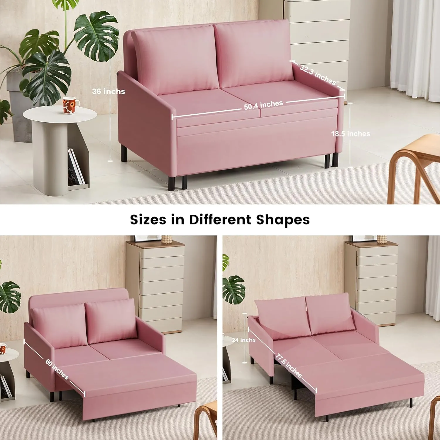 XSPRACER 3-in-1 Convertible Sleeper Sofa, Loveseat Sofa Couch with Pullout Bed and Storage for Living Room, Bedroom, Balcony, RV, Flannel, Pink