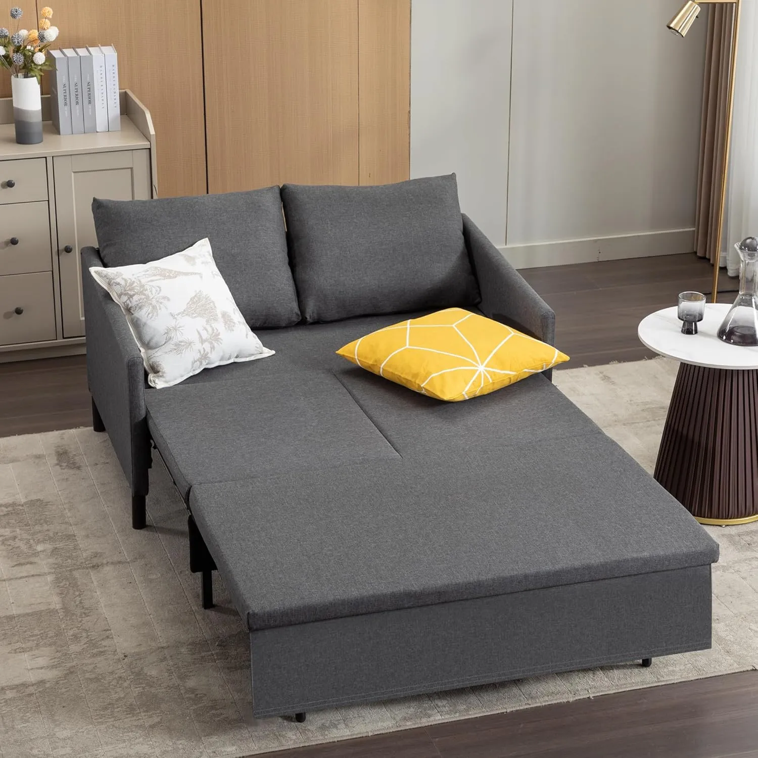 XSPRACER 3-in-1 Convertible Sleeper Sofa, Loveseat Sofa Couch with Pullout Bed and Storage for Living Room, Bedroom, Balcony, RV,Dark Gray
