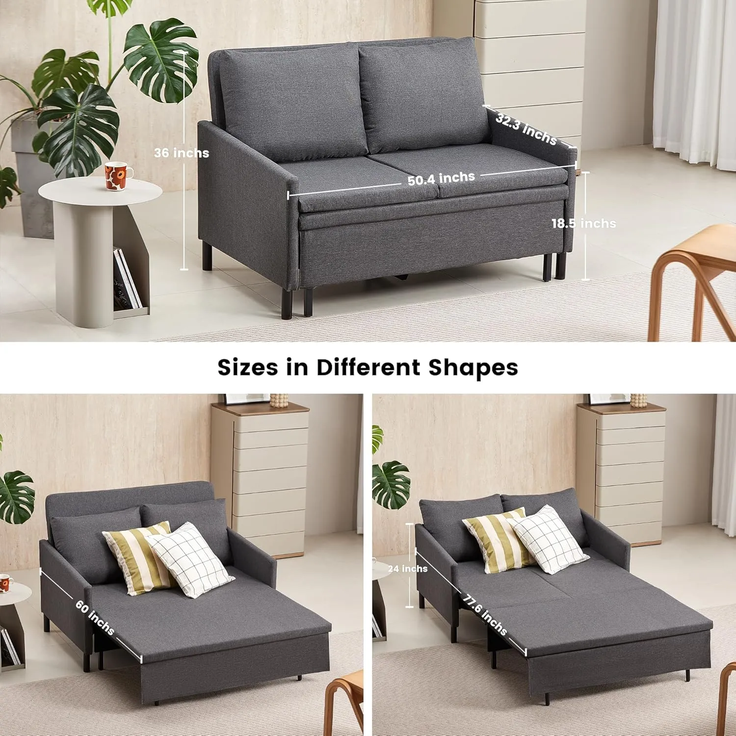 XSPRACER 3-in-1 Convertible Sleeper Sofa, Loveseat Sofa Couch with Pullout Bed and Storage for Living Room, Bedroom, Balcony, RV,Dark Gray