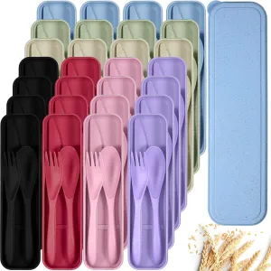 Yahenda 28 Sets Reusable Travel Utensils Set with Case Wheat Straw Cutlery Portable Spoon Knife Fork Tableware Lunch Box Accessories Bulk for Adult Travel Picnic Camping Utensil Gifts(Assorted Colors)
