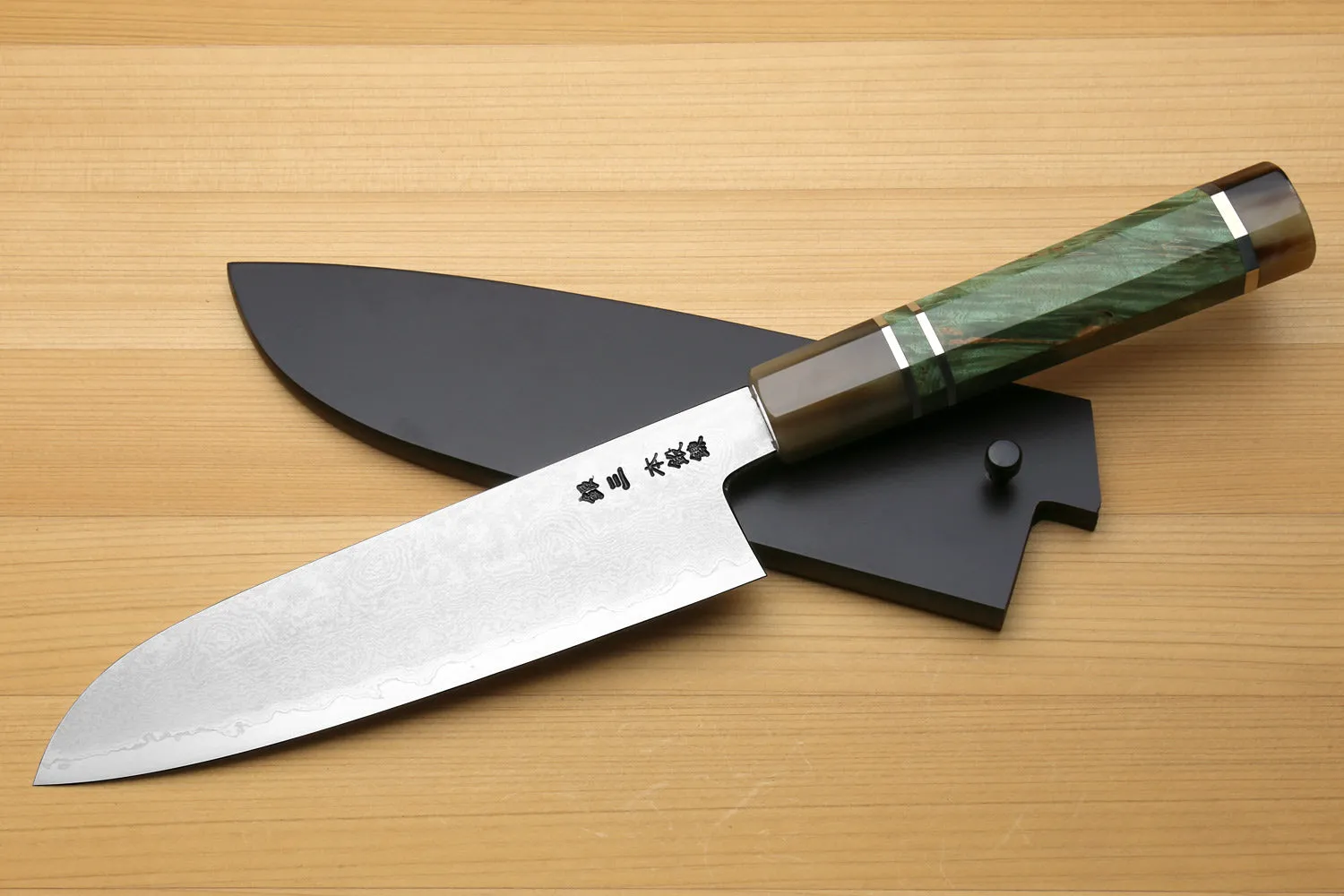 Yoshihiro Hiryu Damascus Ginsan High Carbon Stainless Steel Santoku Multipurpose Knife Triple Ring Stabilized Maple Burl Handle
