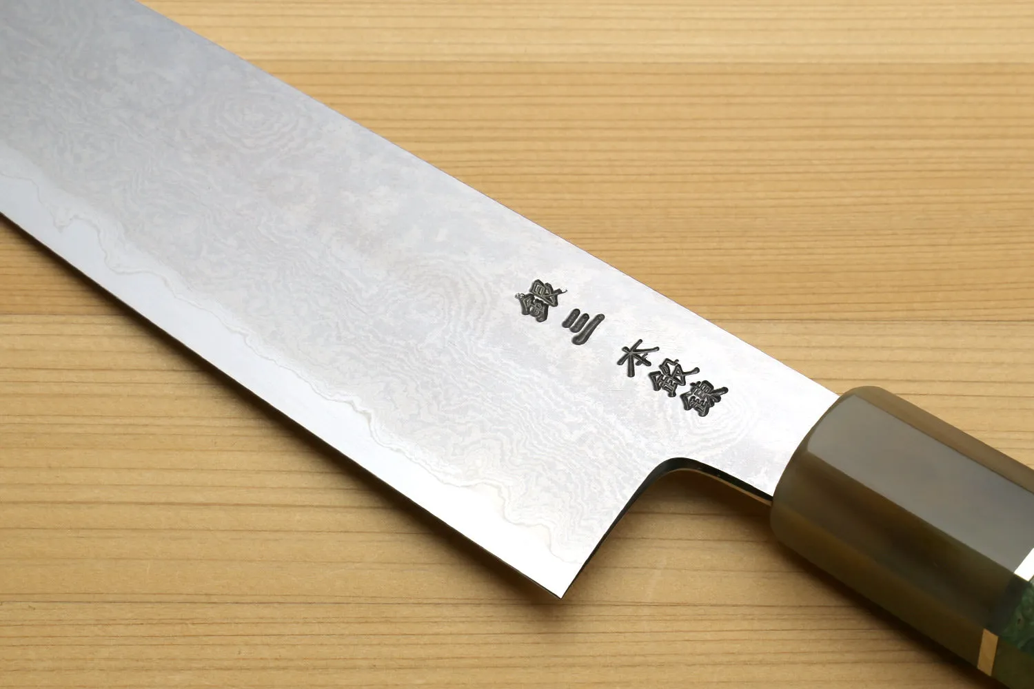 Yoshihiro Hiryu Damascus Ginsan High Carbon Stainless Steel Santoku Multipurpose Knife Triple Ring Stabilized Maple Burl Handle