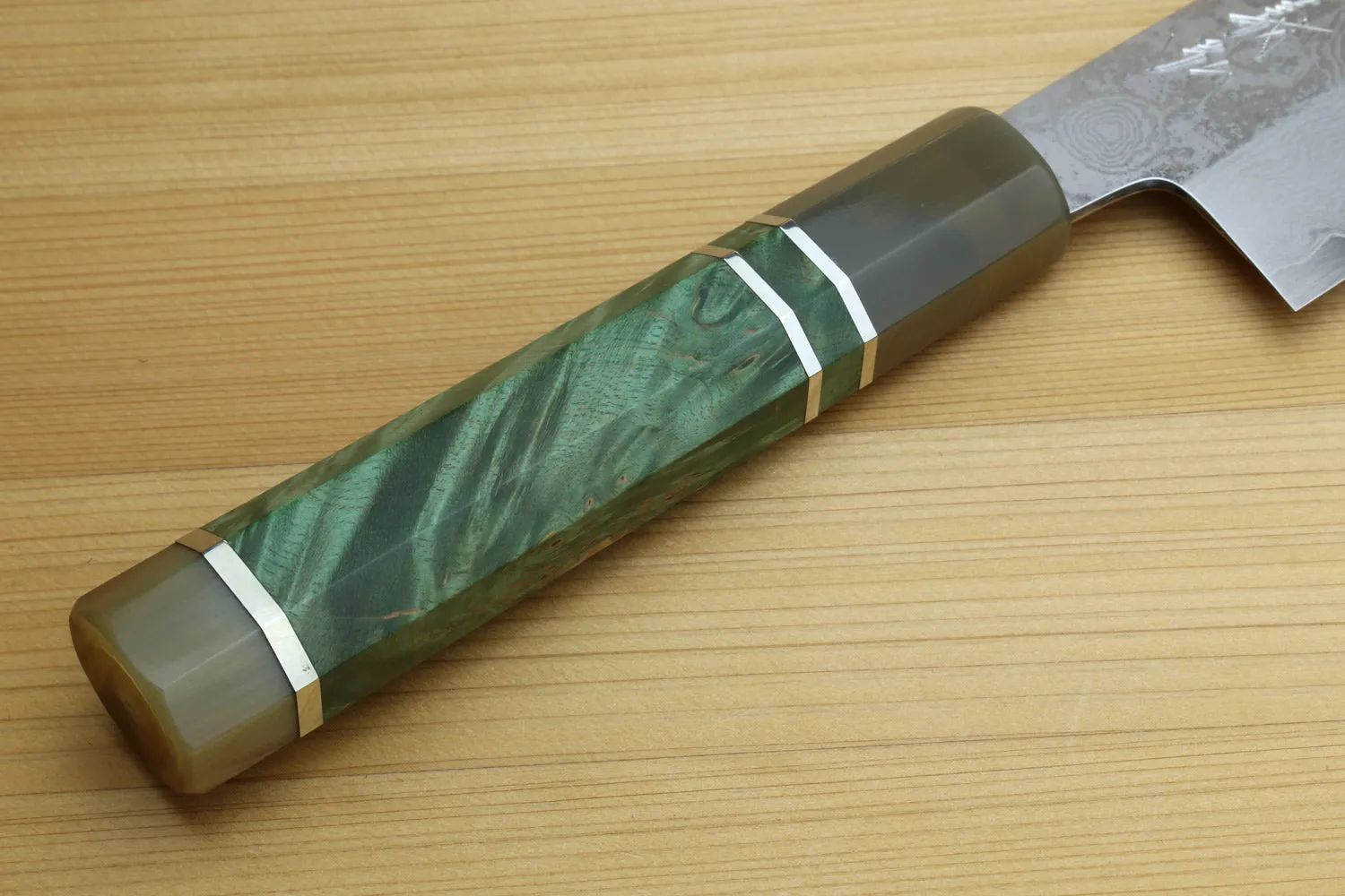 Yoshihiro Hiryu Damascus Ginsan High Carbon Stainless Steel Santoku Multipurpose Knife Triple Ring Stabilized Maple Burl Handle