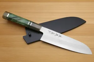 Yoshihiro Hiryu Damascus Ginsan High Carbon Stainless Steel Santoku Multipurpose Knife Triple Ring Stabilized Maple Burl Handle