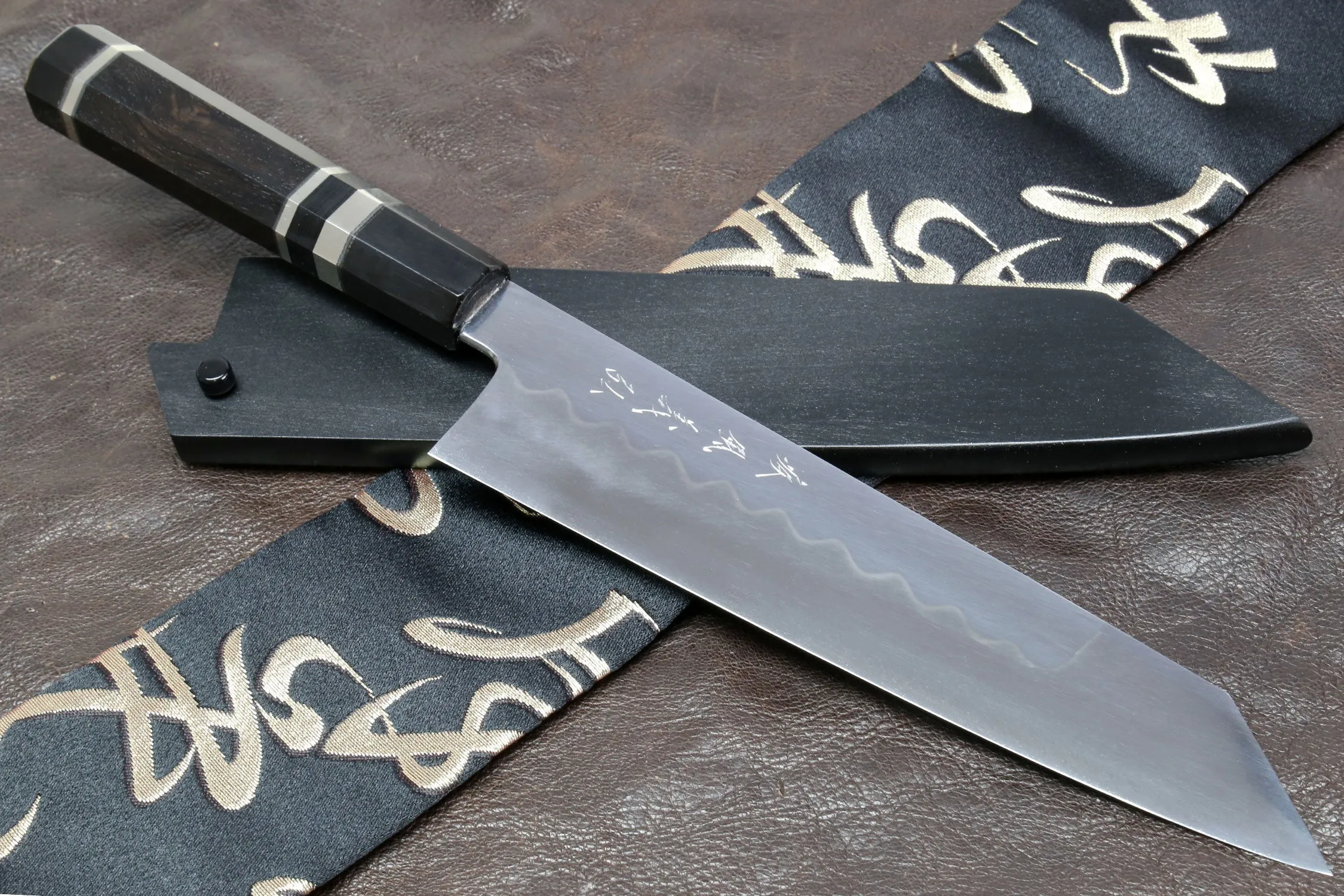 Yoshihiro Mizu Yaki Honyaki Shiroko White Steel #2 Mirror Polished Kiritsuke Japanese Multipurpose Knife with Triple Nickel Silver Ring Ebony Handle