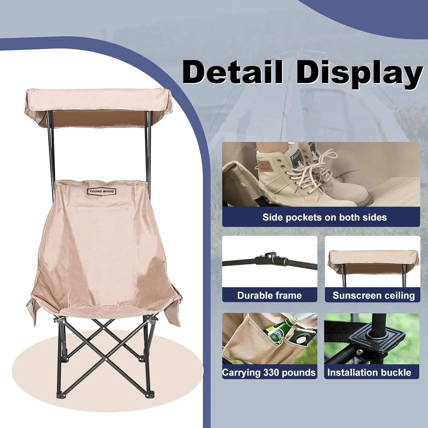 YOUNG WOOD Portable Camping Chair Beach Chair with Shade Canopy, Fold Lightweight Oversized for All, Easy to Open, Close Without Installation, Side Pocket Design for All Outdoor Activities, Kahki,2p