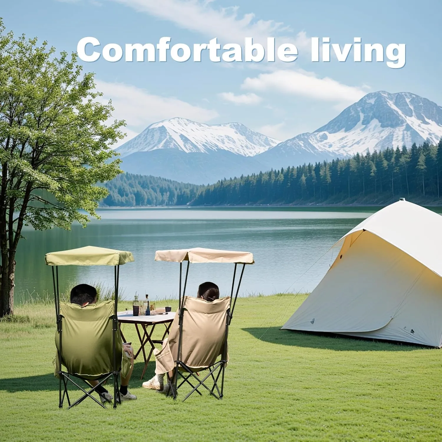 YOUNG WOOD Portable Camping Chair Beach Chair with Shade Canopy, Fold Lightweight Oversized for All, Easy to Open, Close Without Installation, Side Pocket Design for All Outdoor Activities, Kahki,2p