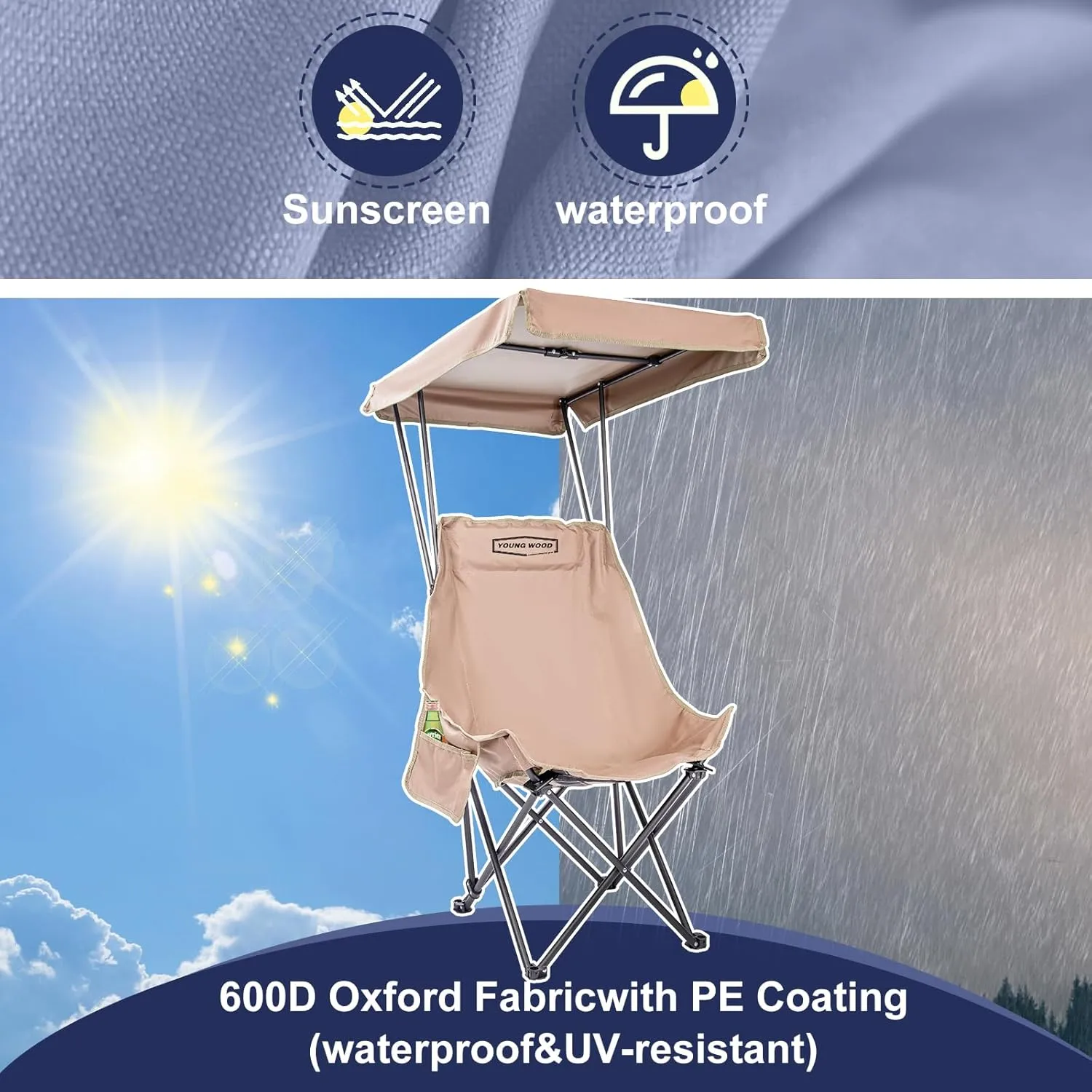 YOUNG WOOD Portable Camping Chair Beach Chair with Shade Canopy, Fold Lightweight Oversized for All, Easy to Open, Close Without Installation, Side Pocket Design for All Outdoor Activities, Kahki,2p