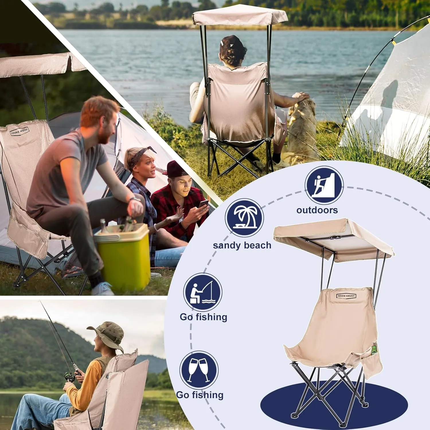 YOUNG WOOD Portable Camping Chair Beach Chair with Shade Canopy, Fold Lightweight Oversized for All, Easy to Open, Close Without Installation, Side Pocket Design for All Outdoor Activities, Kahki,2p