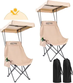 YOUNG WOOD Portable Camping Chair Beach Chair with Shade Canopy, Fold Lightweight Oversized for All, Easy to Open, Close Without Installation, Side Pocket Design for All Outdoor Activities, Kahki,2p