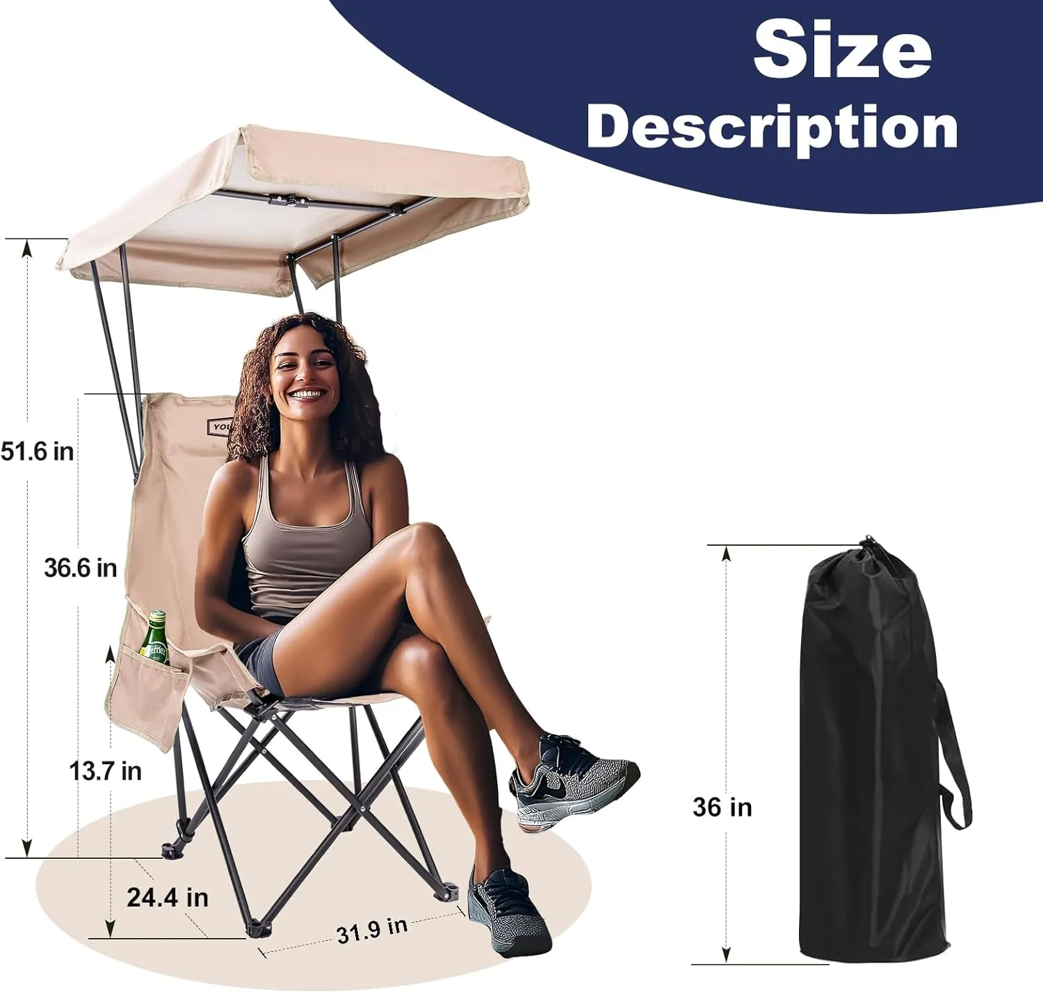 YOUNG WOOD Portable Camping Chair Beach Chair with Shade Canopy, Fold Lightweight Oversized for All, Easy to Open, Close Without Installation, Side Pocket Design for All Outdoor Activities, Kahki,2p