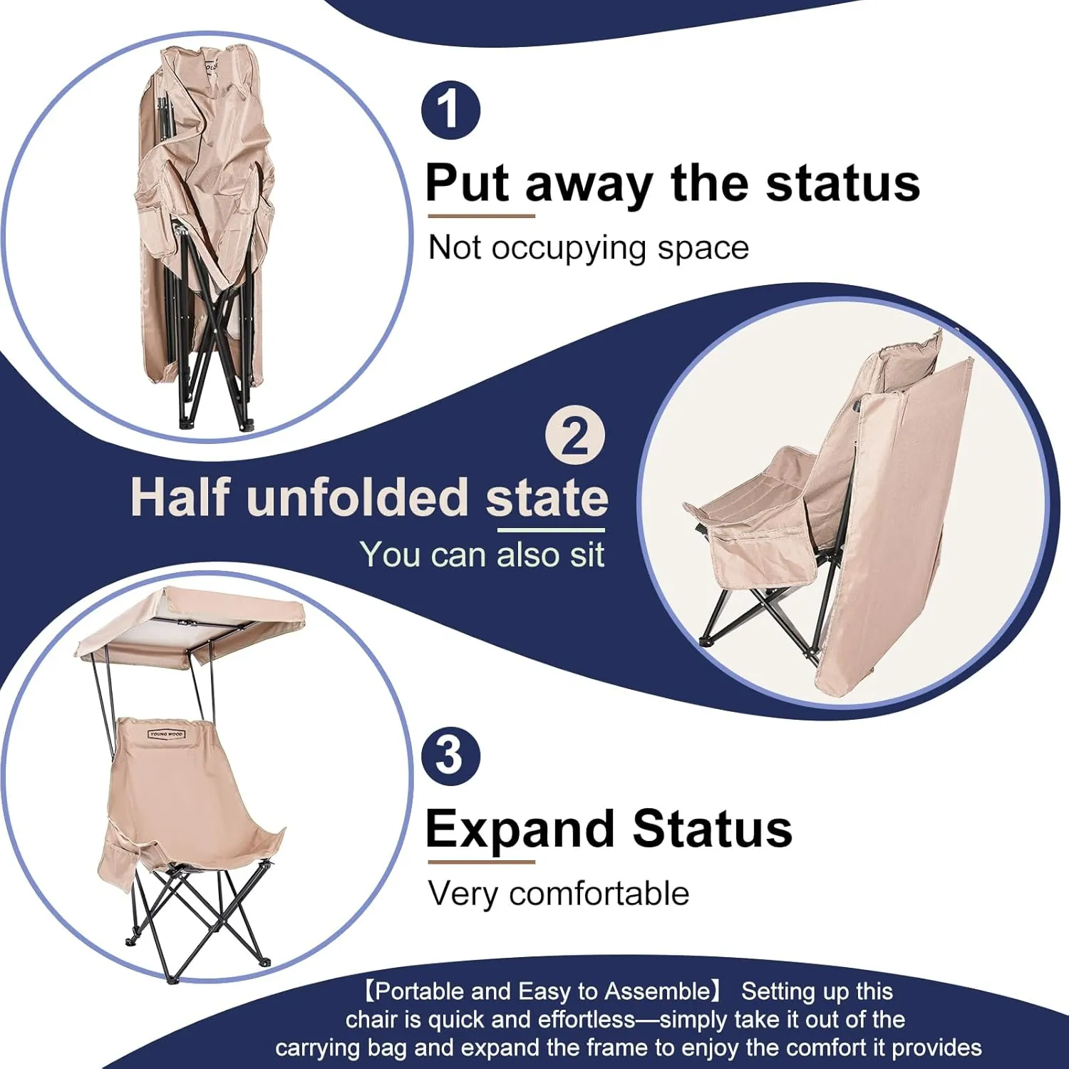 YOUNG WOOD Portable Camping Chair Beach Chair with Shade Canopy, Fold Lightweight Oversized for All, Easy to Open, Close Without Installation, Side Pocket Design for All Outdoor Activities, Kahki,2p