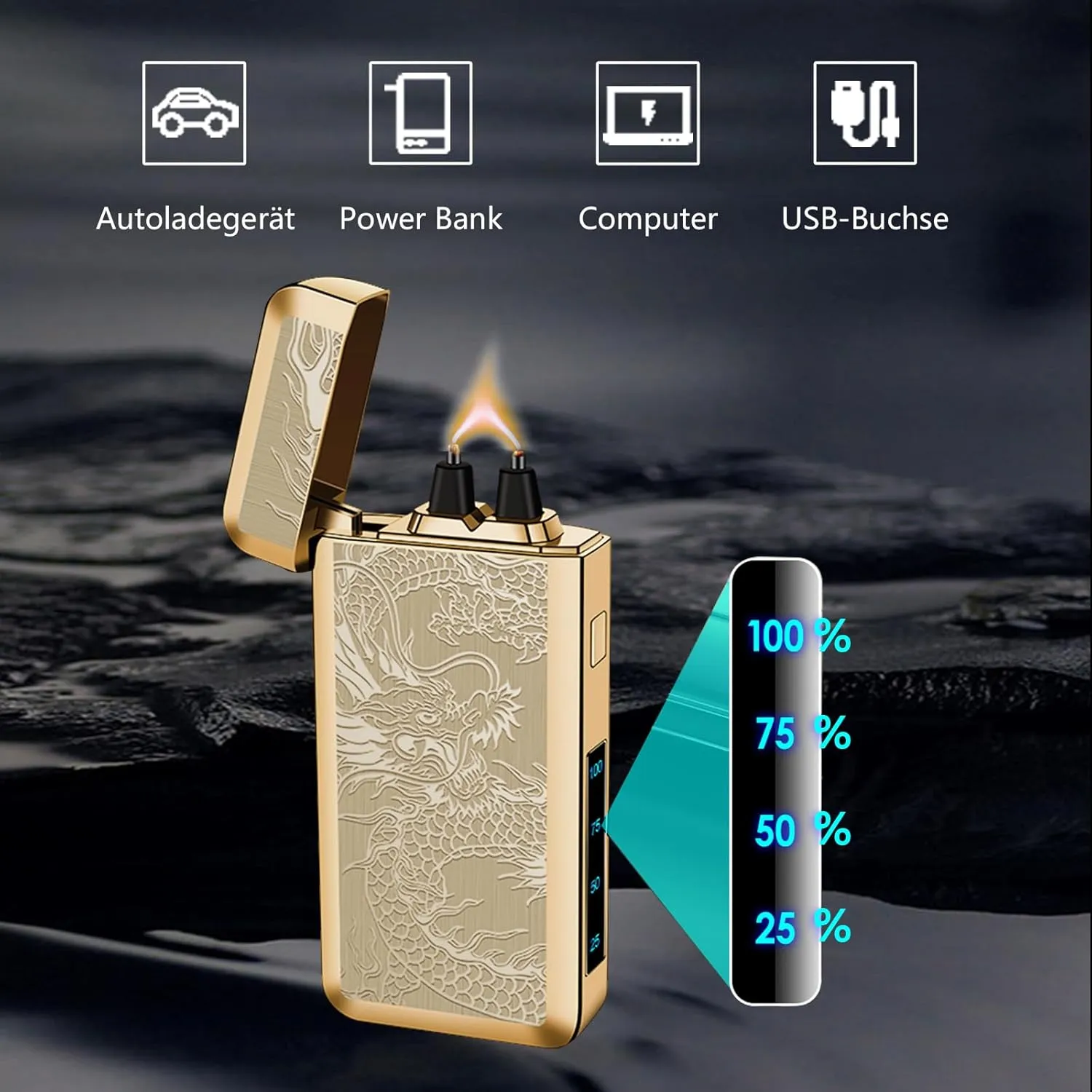YOZWOO Electric Rechargeable Lighter Plasma Arc Lighter Type-C Electronic Lighters Big Power Flame Windproof Lighters Camping Loghter with LED Battery Indicator for Candles, Incense（Golden Dragon）
