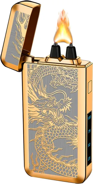 YOZWOO Electric Rechargeable Lighter Plasma Arc Lighter Type-C Electronic Lighters Big Power Flame Windproof Lighters Camping Loghter with LED Battery Indicator for Candles, Incense（Golden Dragon）